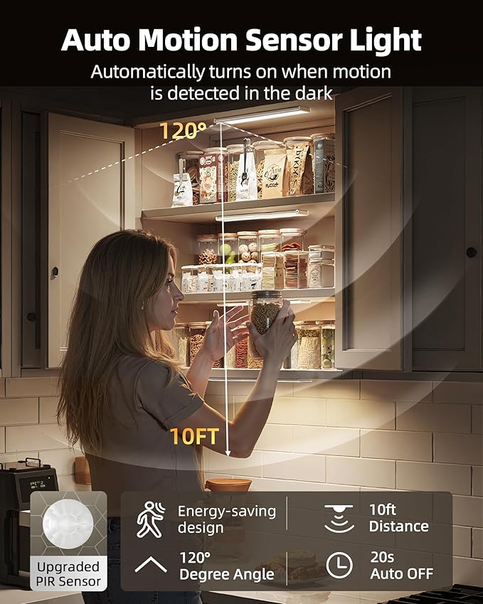 6-Pack Under Cabinet Lighting Wireless, LED Motion Sensor Light Indoor, Rechargeable Closet Lights Battery Operated, Dimmable & 3 Color Temps, Under Counter Lights for Kitchen, Stairs(14inch)