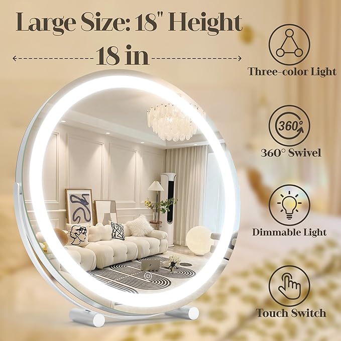 ROLOVE Makeup Mirror with Lights, 18 Inch Vanity Mirror with Lights, Lighted Makeup Mirror, Smart Touch Control Round Lighted Vanity Mirror, Tabletop ＆ Desk Mirror, Gifts for Women, Wife, Mom, Girls