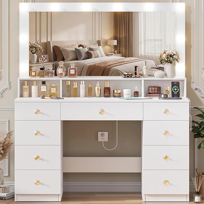 White Vanity Desk with Large Lighted Mirror, Makeup Vanity Desk with Power Outlet, 9 Drawers & Storage Shelf, Women Girls Vanity Dressing Table for Bedroom Bathroom