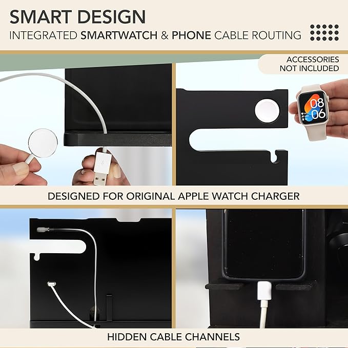 Nightstand Organizer- Bedside Docking Station for Men- Unique Gifts for Husband, Father or Dad from Wife, Son or Daughter- Desk Organizer for Phone, Watches, Wallet & Accessories (Black)