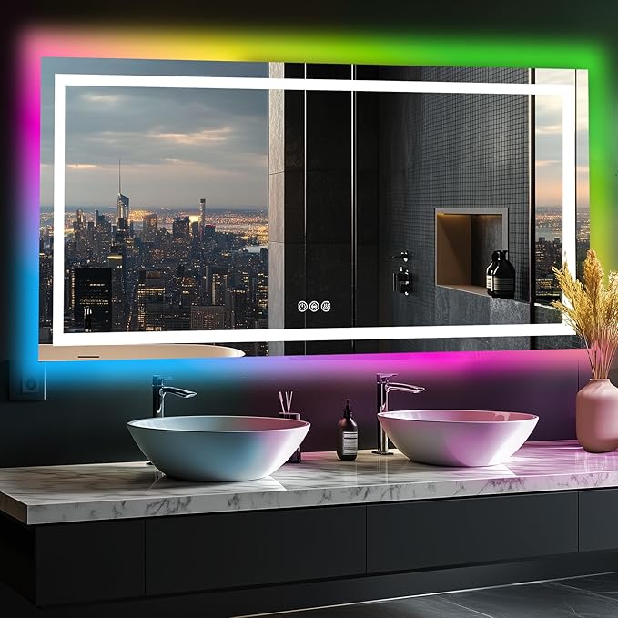Antok 36"x 72" LED Bathroom Mirror with Lights, Anti-Fog, Dimmable, Lighted Vanity Mirror with Tempered Glass, Memory Function, 11 Light Modes, Safe Use, Horizontal, Vertical, Wall Mount