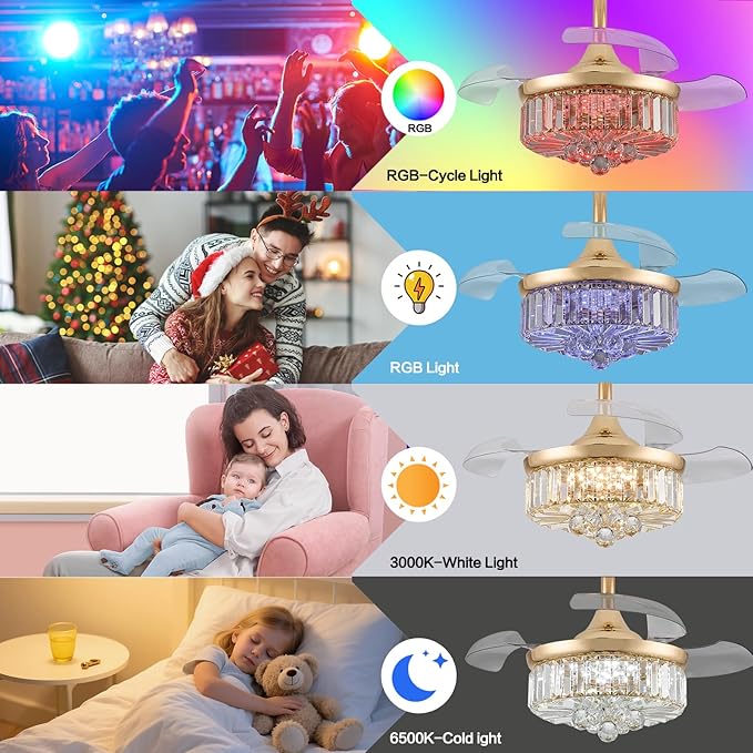 30" Retractable Crystal Ceiling Fan with Light, RGB Modern Fandelier 6 Speeds Reversible Blades Dimmable Chandelier Ceiling Fan with Remote App Control Memory Timer Gold