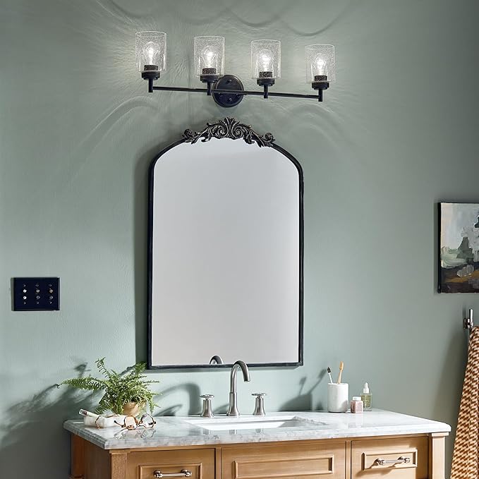 Kichler Winslow 30" 4-Light Vanity Light in a Rich Black with Clear Seeded Glass for Bathroom and Powder Room Vanity, Luxe Industrial Style, (30" x 9.25"), 45887BK