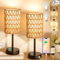 Rattan Table Lamps for Living Room, 3 Way Dimmable Touch Lamps, Small Bedside Lamps with LED Bulbs, Phone Stand, USB Ports and AC Outlet, Boho Nightstand Lamp for Kids Room, Bedroom, Office (2 Pack)