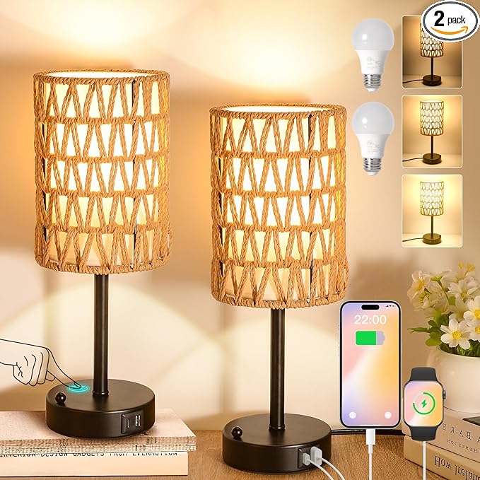 Rattan Table Lamps for Living Room, 3 Way Dimmable Touch Lamps, Small Bedside Lamps with LED Bulbs, Phone Stand, USB Ports and AC Outlet, Boho Nightstand Lamp for Kids Room, Bedroom, Office (2 Pack)