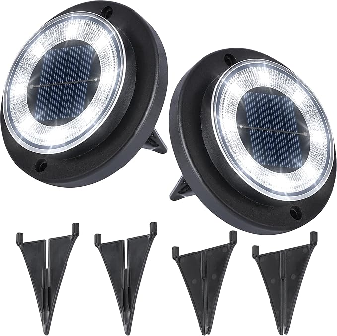 Flacchi Solar Lights Outdoor Waterproof - 2-in-1 Solar Powered Ground Lights Outdoor Solar Disk Light Landscape Light for Deck Step Patio Yard Pathway Walkway Driveway Garden (Cool White, 2 Pack)
