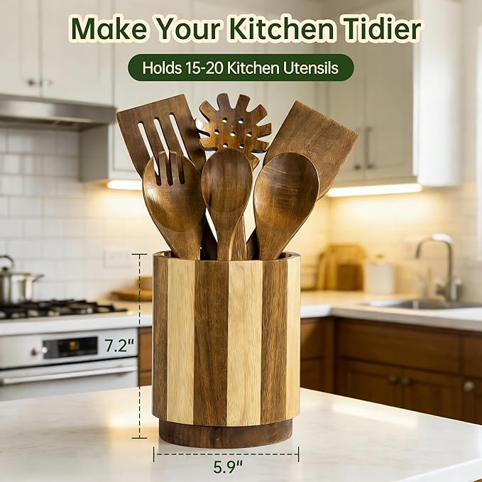 Wooden Utensil Holder, 360° Rotating Acacia Wood Kitchen Utensil Holder for Countertop, 7.2" Non-Slip Large Utensil Holder for Kitchen, Farmhouse Countertop Decor, Spatula Holders, Stripes