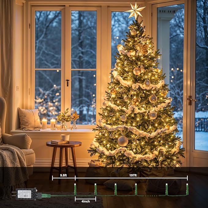 Extra Long Christmas Decorative Outdoor String Light 197 Feet 600LED 8 Modes Indoor Lights with Timer, Outdoor Indoor Fairy Lights Christmas Tree Patio Garden Holiday Warm White