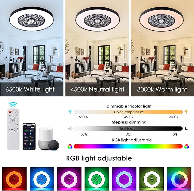 24" Bladeless Ceiling Fans with Lights and Remote/APP/Voice Control, Low Profile Ceiling Fan with RGB Lights, Enclosed Flush Mount Ceiling Fan for Kid's Bedroom/Living Room