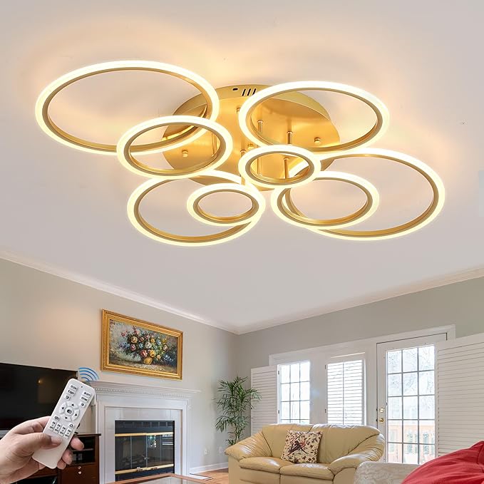Modern LED Ceiling Light 41inch with Remote Dimmable 8 Ring Flush Mount Ceiling Light Fixture for Living Room Bedroom Kitchen Dining Room (Gold)