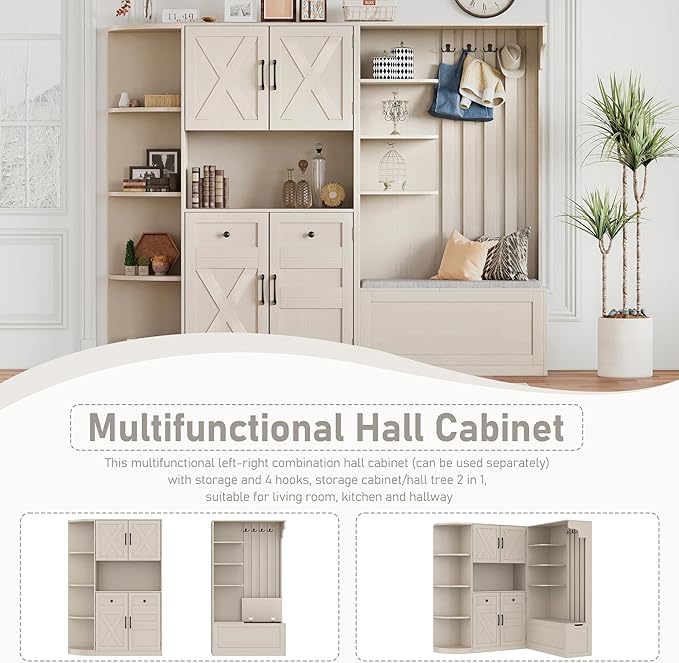 Multifunctional Hall Tree with 4 Hooks, Wood Hall Tree with Open Shelving and Flip Hidden Shelf, Left-Right Combination Coat Rack (can be Used Separately), Entryway Bench (Beige/45c)