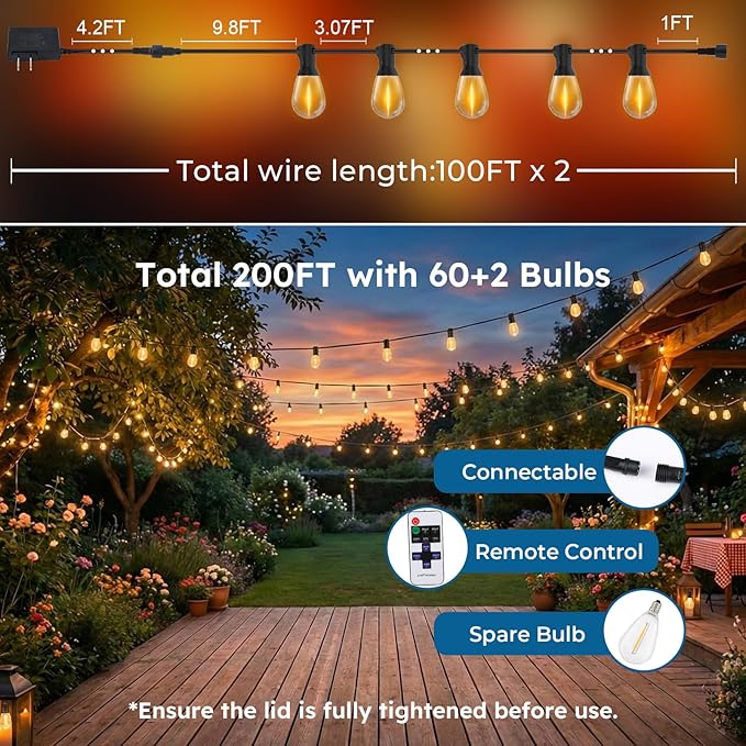 200FT S11 LED Outdoor String Lights with App & Remote, Low-Voltage Patio Lights with Music Sync, 4 Lighting Modes, Dimmable, Waterproof LED Outdoor Lights for Backyard, Porch, Deck, Garden
