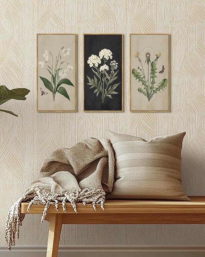 KUVIOKE Vintage Botanical Wall Decor Wild Flowers Artwork Framed Wall Art Ready to Hang Hallway Home Office 8x16in3pcs Natural Framed