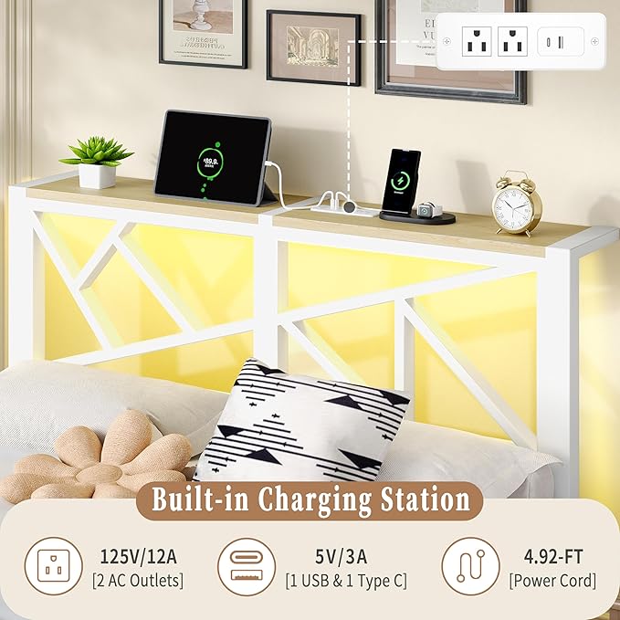 Full White Metal Bed Frame with USB Charging Station, LED Ambient Lighting, and Wooden Storage Headboard - Includes Under-Bed Storage, No Box Spring Needed, Noise Free, Easy to Assemble