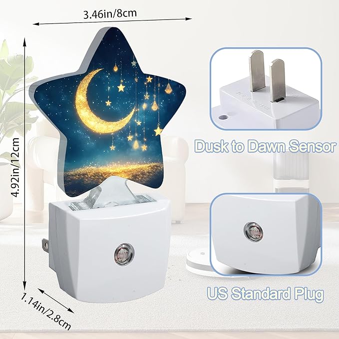 Moon Stars Sparkling Dusk to Dawn Star Night Light,Galaxy Solar System Smart Sensor Nightlight for Bedroom Kitchen Hallway Stairs,Plug-in Energy Efficient Decor Desk Lamp Women Men Gifts
