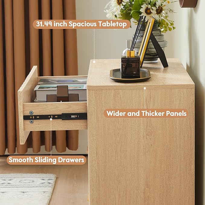 Fluted Dresser for Bedroom with 3 Drawers,31.5"Wide Modern Chest of Drawers with Metal Handle,Large Storage Dresser,Wood Closet Clothes Storage Organizer for Nursery Living Room Hallway,Natural 2 Sets