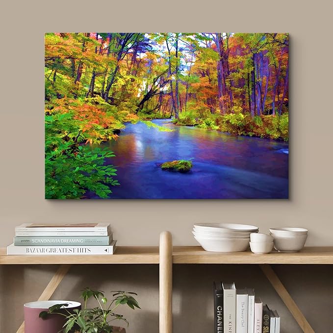 wall26 Canvas Print Wall Art Multicolor Autumn Forest with Blue River Floral Nature Illustrations Realism Bohemian Scenic Relax/Calm Cool for Living Room, Bedroom, Office - 12"x18"