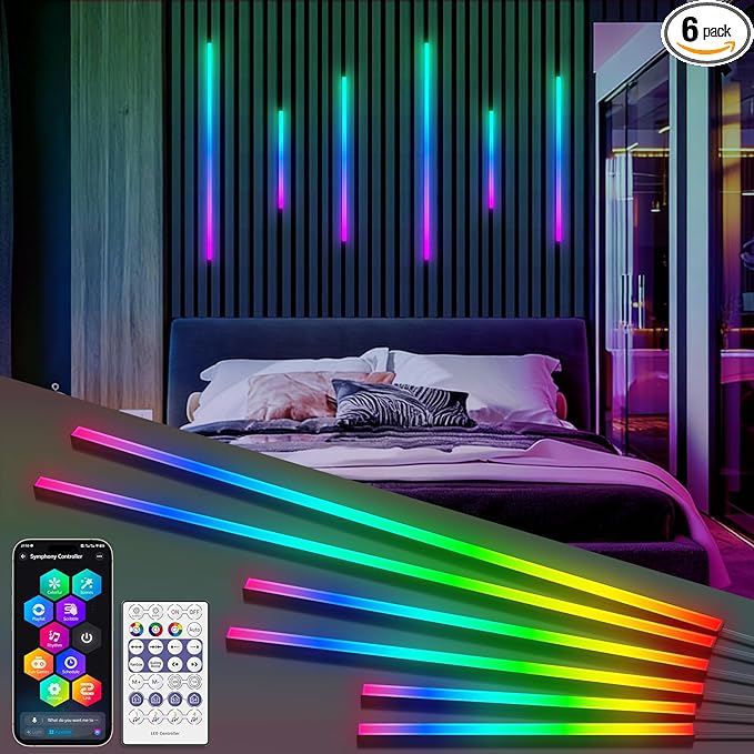 RGB+IC Led Recessed Lighting Kit Wall Panel Lights, 6PCS Smart Color Chasing Wood Slat LED Lights with Alexa & WiFi APP Control, DIY RGB Strip Lighting for Acoustic Panels, Game Room (22″+35″+54″)