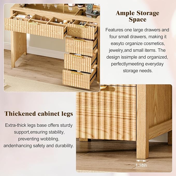 Makeup Vanity Desk with Mirror and Lights, 43.3'' Glass Tabletop Vanity Table with 5 Drawers & Shelves,Big Vanity Set for Bedroom, Oak