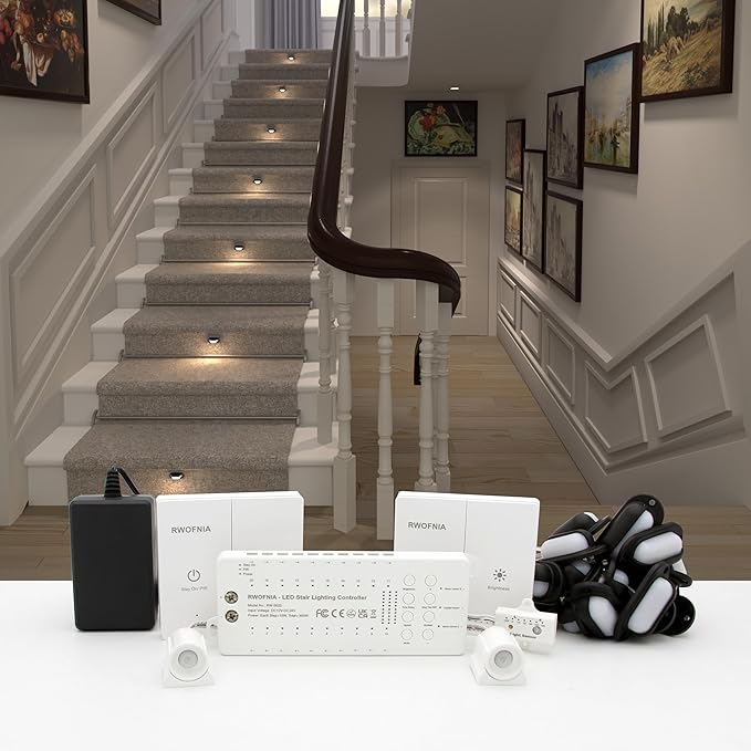 Motion-Activated LED Stair Lighting Kit RW-5620-B, Warm White 2700K Mini LED Light Bulbs Suilt For Indoor Carpeted Or Wooden Staircase (8 Bulbs)