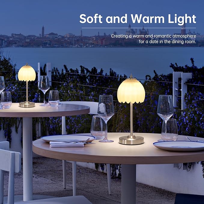 Tulip Table Lamp with 5200mAh Battery & Touch Control, Cordless Small Table Lamp with 3 Colors, Dimmable Rechargeable Table Lamps for Living Room, Bedroom, Desk, Bedside (Creamy Yellow Tulip)