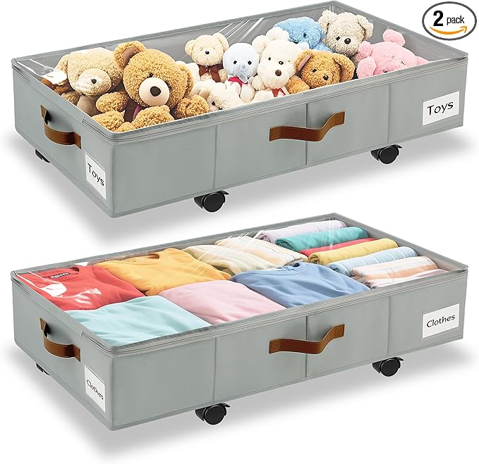 2 Pack Under Bed Storage with Wheels – 30.5×17×6.5 Inch, Underbed Storage with Sturdy Sidewalls/Bottom, Clear Cover, Label and PU Handle, Rolling Under Bed Drawers for Clothes, Shoes, Toys, Blankets