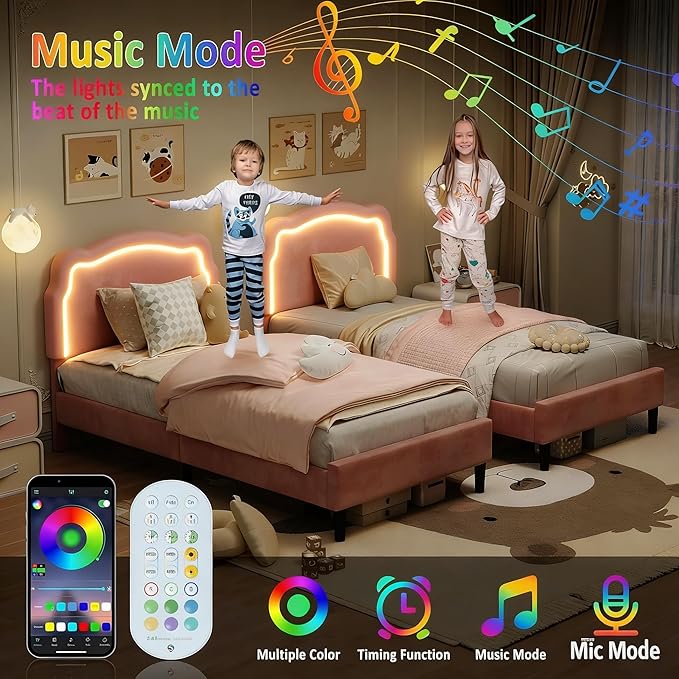 GarveeHome Twin Upholstered Smart LED Bed Frame with Headboard, Velvet Princess Platform Bed Frame for Kids, Wooden Slats Support, No Box Spring Needed (Rose)
