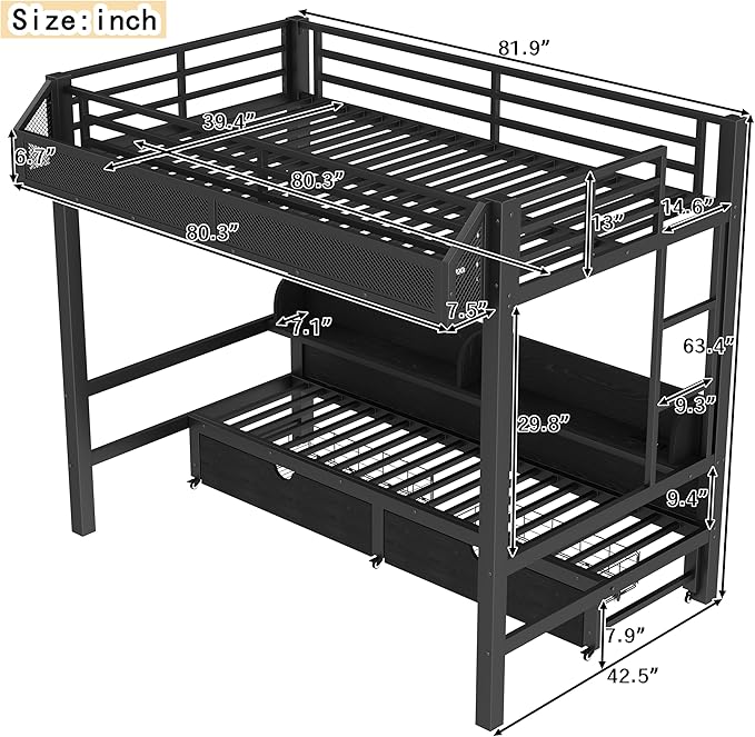 Bellemave Twin XL Over Twin XL Metal Bunk Bed with Storage Drawers and Shelves, Heavy Duty Bunk Beds with LED Lights and Charging Station for Kids,Adults,Convertible into a Sofa Bed,Black