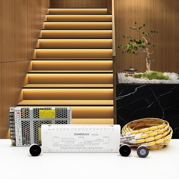 Intelligent Motion Triggered LED Stair Lighting Kit KMG-3233, 40" Cuttable LED Strip Light for Indoor LED Stair Lights (Warm White 3000K,28 Stairs)