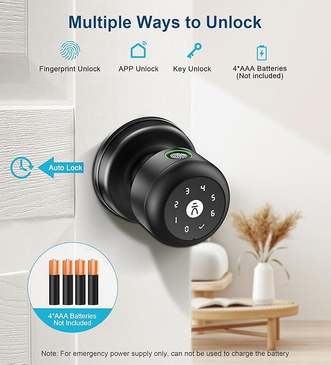 Fingerprint Door Lock, Smart Fingerprint Door Knob with Lock, Biometric Door Locks with App Control & Key, Keyless Thumbprint Entry Door Locks for Bedroom, Front Door, Apartment- Black