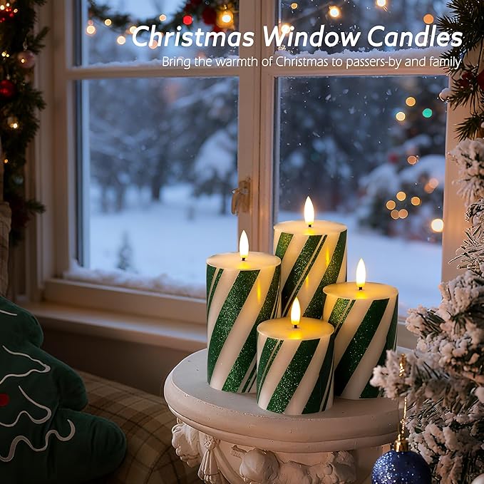 Green Striped Flameless Pillar Candles with Remote Set of 4, Battery Operated Real Wax LED Candy Cane Candles, Perfect for Christmas Window, Dinner & Holiday Xmas Decor