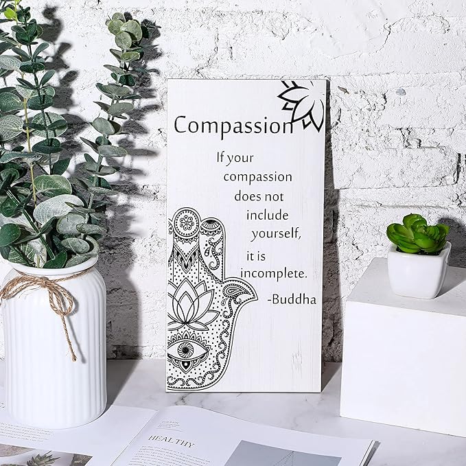 Blulu 2 Pcs Buddha Quote Decor Buddha Inspirational Quote Wall Art Meditation Room Chakra Decor Zen Wooden Hanging, Spiritual Gift for Home Yoga Living Room Women(Compassion)
