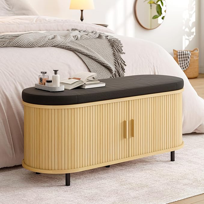 ONBRILL 43" Shoe Bench with Storage, Fluted Shoe Storage Bench with Cushion, Sliding Door and Adjustable Shelf, for Entryway, Hallway, Living Room, Oak