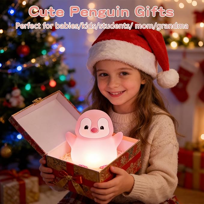 Penguin Night Light for Kids,Cute Pink Penguin Lamp,Soft Silicone Nursery Nightlight,LED Squishy Novelty Animal Bedside Lamp,Rechargeable/Dimmable/Timer,Room Deco,Christmas Gifts for Mom Girls Baby