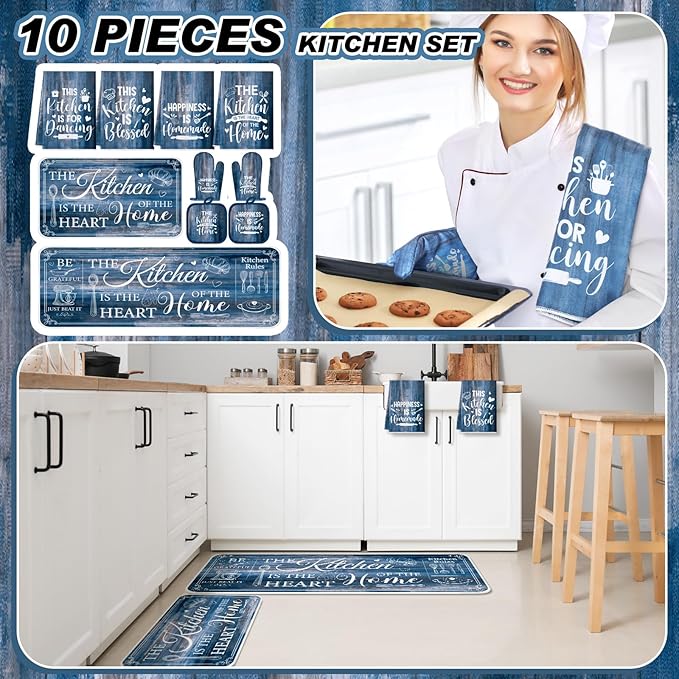Fourluoo 10 Pcs Farmhouse Kitchen Decor and Accessories Set 4 Kitchen Towels 2 Pot Holders 2 Oven Mitts 2 Rugs for Cooking Baking Mom Housewarming Gifts(Blue,Classic Style)