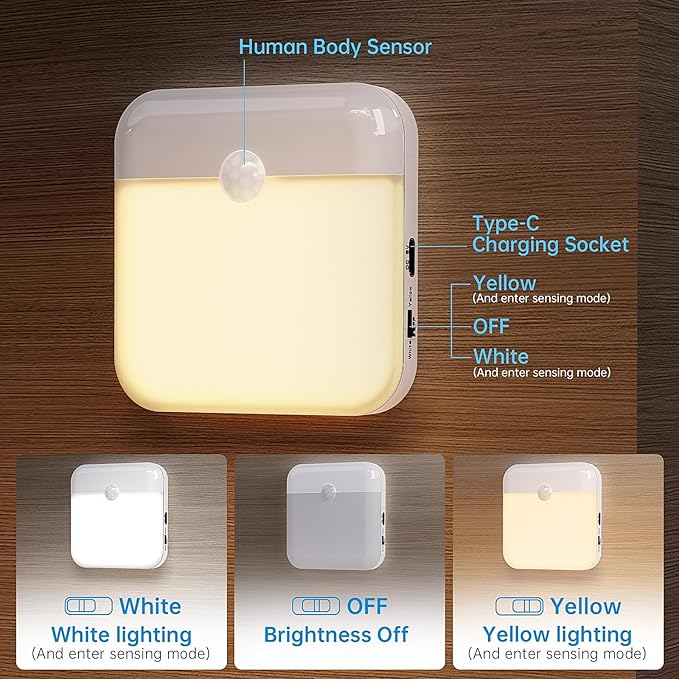 Night Light for Kids,LED Rechargeable,Cabinet Lights Closet Lights,Indoor Motion Sensor Night Lights,Magnetic Hallway Light for Baby Bedroom Kitchen Stairs 6 Pack (Warm and White Light)