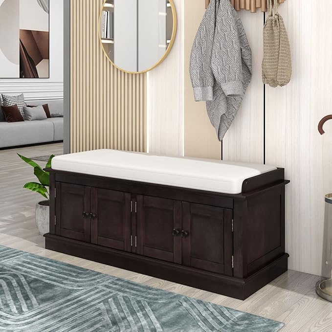 Merax Farmhouse Solid WOD Entryway Shoe Bench with Seat Cushion Multifunctional Storage Cabinet for Hallway Living Room Bedroom Espresso