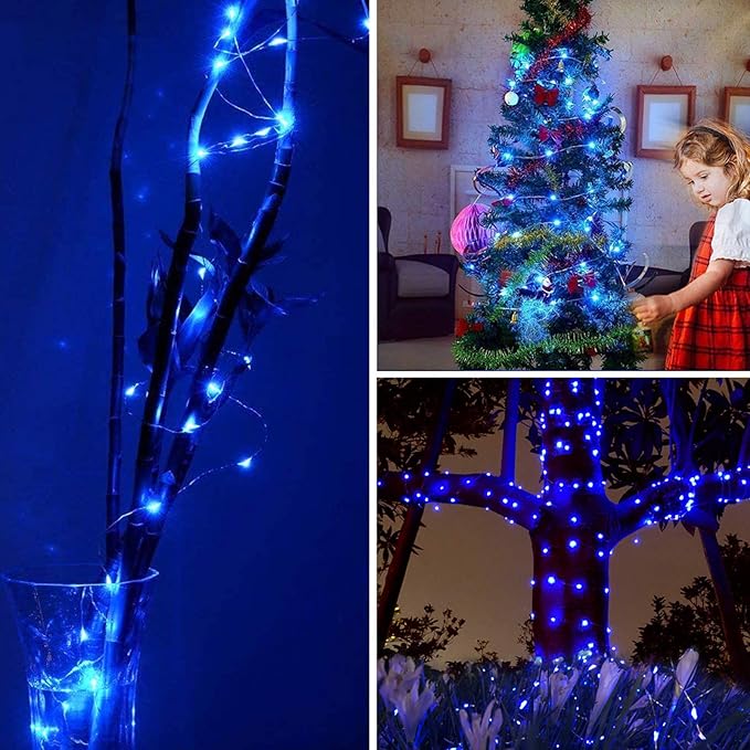 RUICHEN Silver Wire Fairy Lights Plug in 33 Ft 100 LED String with Spool, Blue