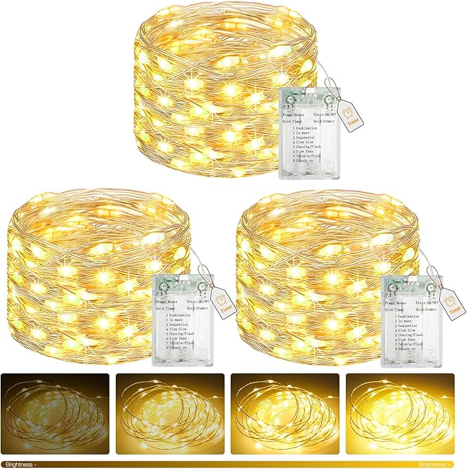 btfarm 3 Pack Fairy Lights Battery Operated with Timer, 16.4 FT 50 LED Silver Wire Twinkle String Lights 8 Modes Dimmable Waterproof for Indoor Christmas Bedroom Wedding Decorations, Warm White