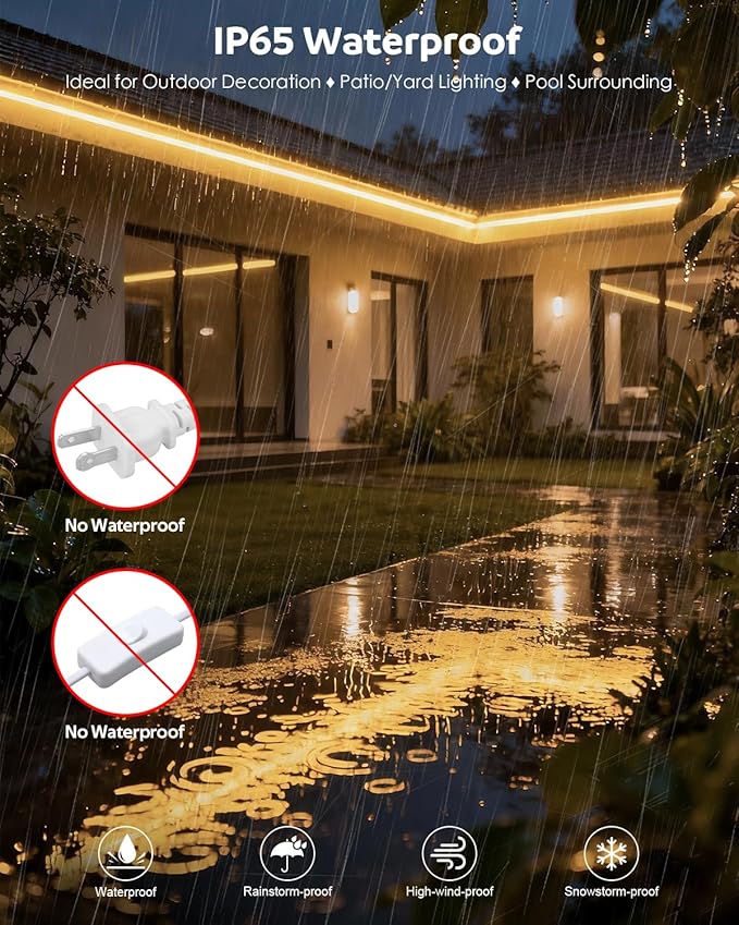 Aclorol Led Strip Lights Outdoor Waterproof 16.4FT Warm White 3000K AC 110V-130V Connectable LED Rope Light Strip Plug in for Bedroom Outside Garden Patio Indoor Outdoor Backyards Decor 120LEDs/M 5M