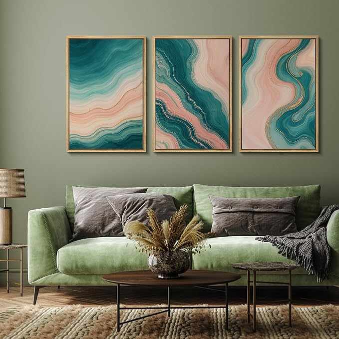 wall26 Framed Canvas Print Wall Art Set Flowing Teal and Blush Marble-Inspired Abstract Illustrations Modern Art Decorative Multicolor for Living Room, Bedroom, Office - 24"x36"x3 NATURAL