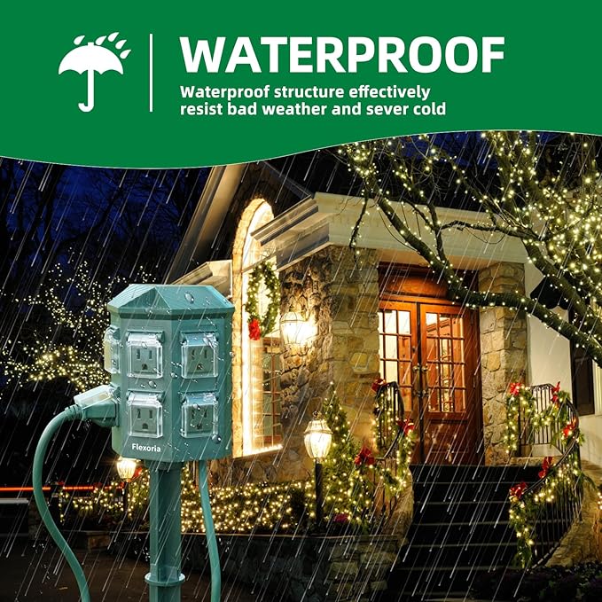 Outdoor Power Strip Timer Waterproof, Dusk to Dawn Light Sensor Countdown, 25 Feet Extension Cord, 6 Grounded Outlets for Graden and Yard Decorations, ETL Listed
