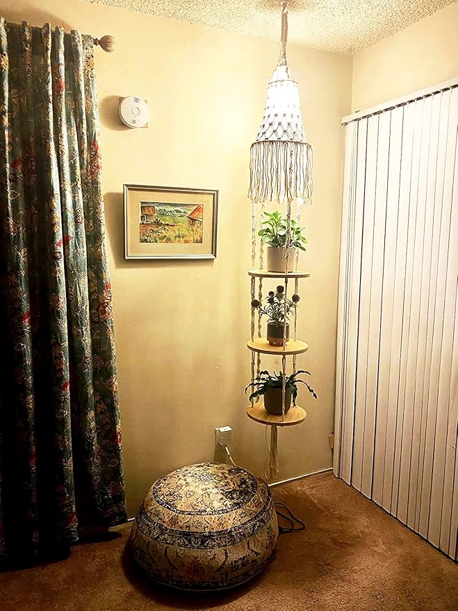 Boho Plug in Pendant Light Hanging Light with Plug in Cord,Dimmable Switch Hanging Lamp Macrame Lamp Shade and Plant Holder Shelf Indoor for Bohemian Decor Bedroom Corner Living Room