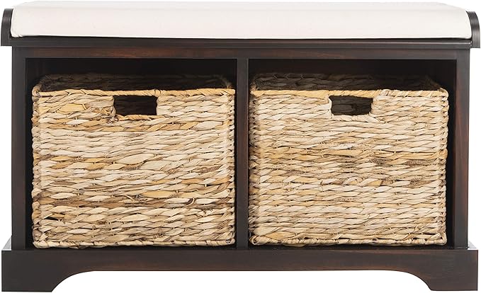 SAFAVIEH Home Collection – Freddy Brown Storage Bench with Wicker Baskets & Cushion, Entryway Seating Bench, Fully Assembled (AMH5736A)