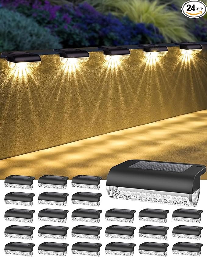 24 Pack Solar Step Lights Outdoor Stairs, Solar Deck Lights 3000K Warm White, Auto Dusk-to-Dawn, Weatherproof, Low Profile, Solar Lights Outdoor for Fence Deck Patio Backyard Balcony