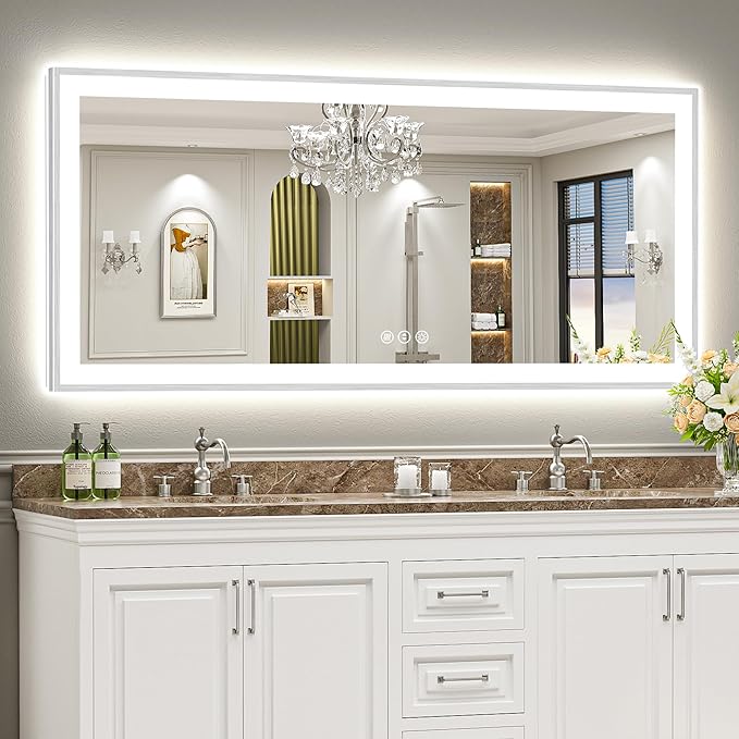 72x32 Brushed Nickel LED Bathroom Mirror with Lights, Sliver Framed Backlit and Front Lit Anti-Fog Lighted Vanity Mirrors for Bathroom Wall, Dimmable, 3 Colors, Memory, Tempered Glass, CRI＞90