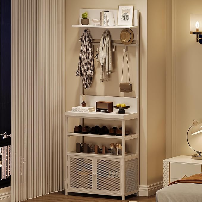 IDEALHOUSE Hall Tree with Doors White 72.8in Coat Rack Shoe Storage Narrow Coat Tree Shoe Shelf Organizer with 7 Hooks for Entryway Bedroom and Mudroom
