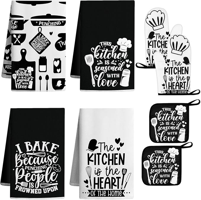 8 Pcs Farmhouse Kitchen Decor Accessories Set 4 Black White Kitchen Dish Towels 2 Oven Mitts 2 Pot Holders Kitchens Towels Pot Holders Oven Mitt Decor for Cooking Baking Housewarming Daughter Mom Gift