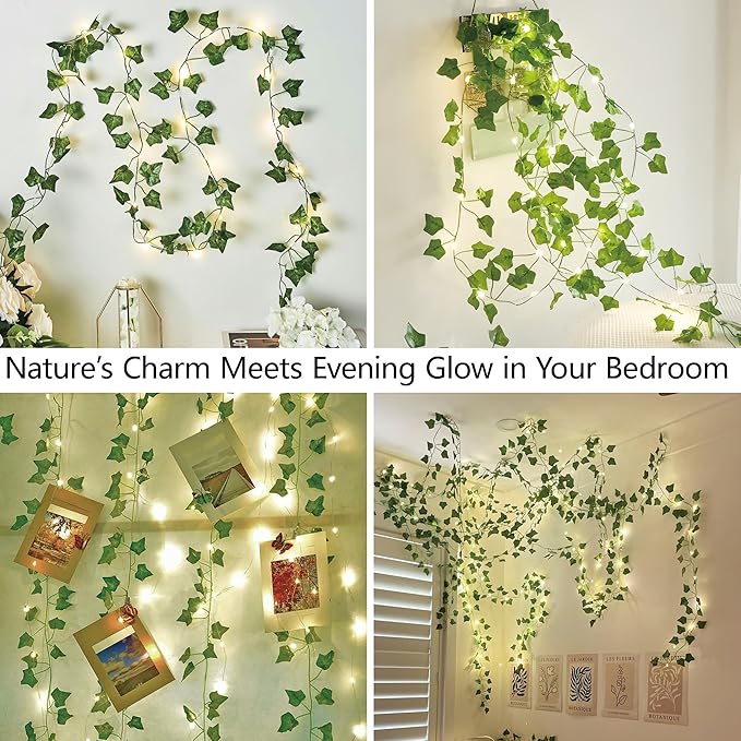 Vine Leaf with Fairy Lights, 23FT 73 LED Lighted Ivy Spring Garland Lights, Battery or USB Powered for Dorm Room, Bedroom & Creative Wall Decor, Warm White