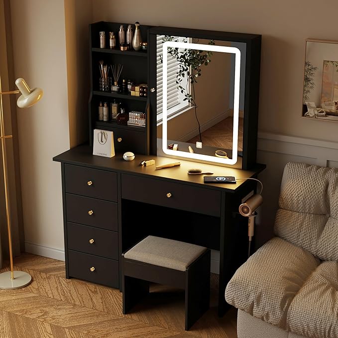 ALEAVIC Vanity Desk with Mirror and LED Lights, Makeup Vanity Set with Power Outlet, and Stool,Jewelry Storage,Black Vanity Desk for Bedroom